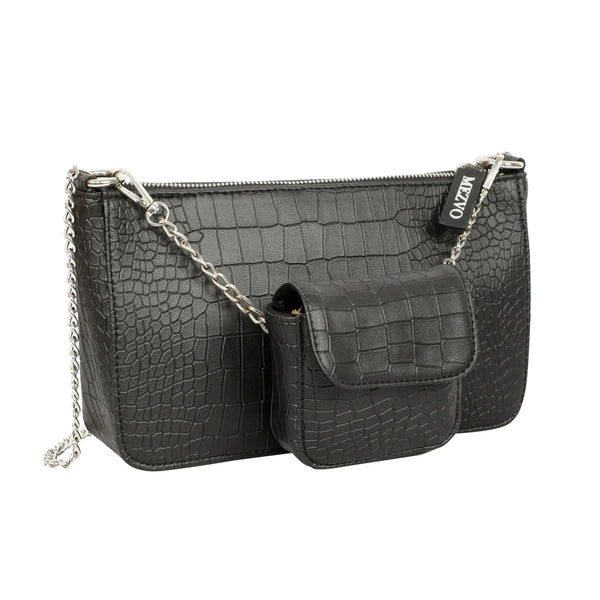 Textured Sling Handbag with Pouch - Black